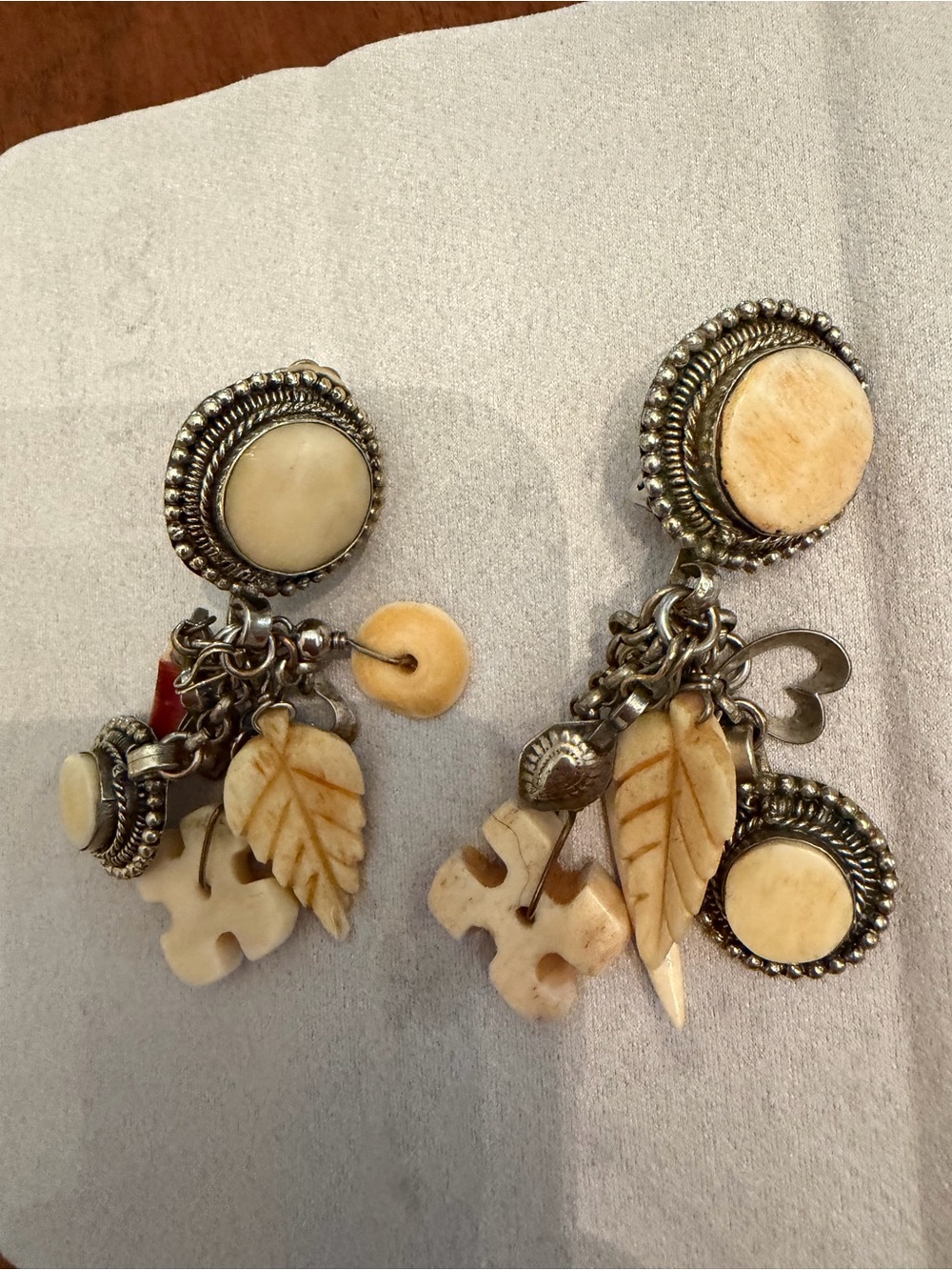 Marjorie Baer Vintage bovine bone and silver Charm Drop Earrings boho mob wife